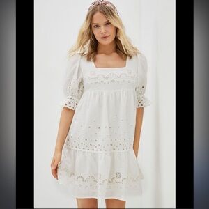 Anthropologie White Eyelet Puff-Sleeve Mini Dress